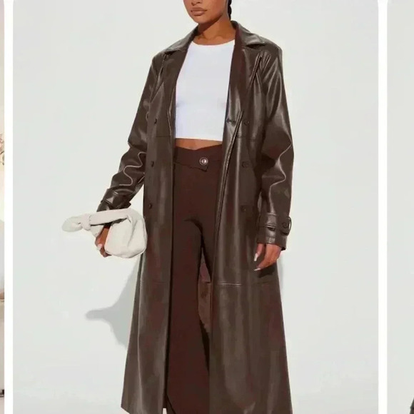 Fashion Nova Last Nights Look Long Faux Leather Trench Coat NWT Brown Large - Picture 1 of 7